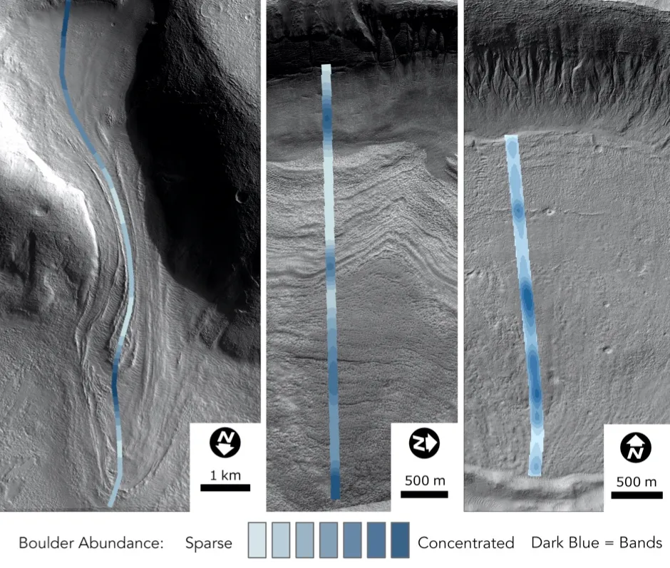 This image of a glacier on Mars shows the abundance of boulders ©Joe Levy/Colgate University