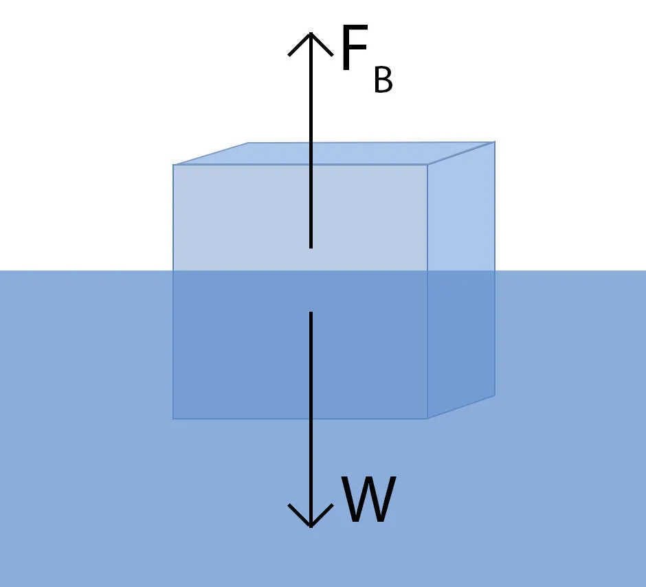 A diagram showing an ice cube in water, with its buoyant force pointing upwards and its weight pointing downward
