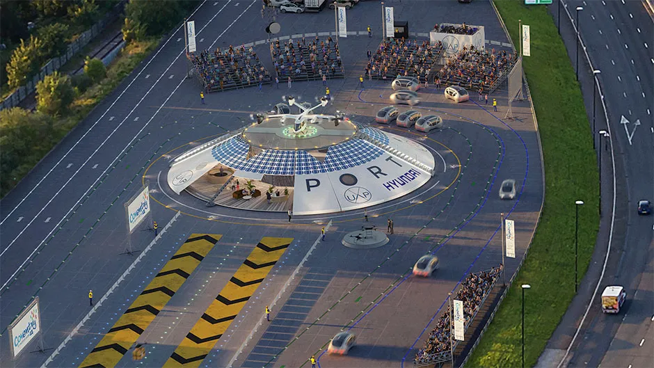 CGI image of the Urban Air Port in Coventry with a Hyundai eVTOL aircraft © Urban Air Port Ltd.