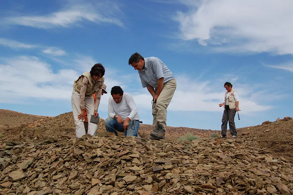 Researchers scour the Fezouata fossil site in Morocco © Cambridge University/ PA