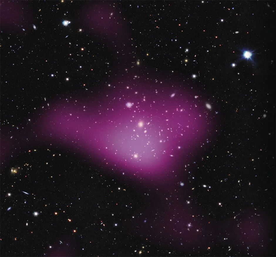 The gravity of invisible dark matter, highlighted in pink, is used to explain the unexpected speed of galaxy formation © ESO