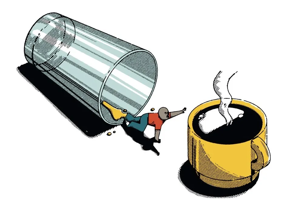 Illustration of a hung-over person reaching for coffee © Michael Haddad