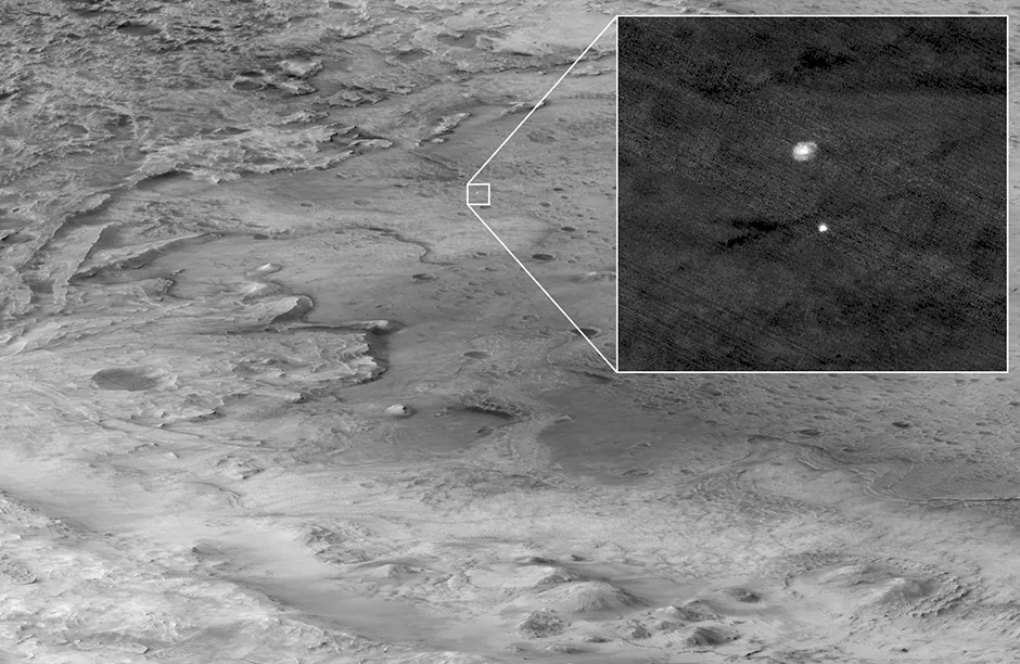 HiRISE Captured Perseverance During Descent to Mars. The descent stage holding NASA’s Perseverance rover can be seen falling through the Martian atmosphere