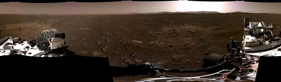 Panorama, taken on Feb. 20, 2021, by the Navigation Cameras, or Navcams, aboard NASA’s Perseverance Mars rover