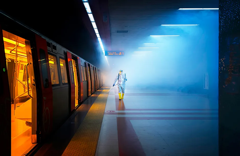 During the coronavirus pandemic, the Health Affairs unit of Ankara Municipality sprays all public transportation, day and night.