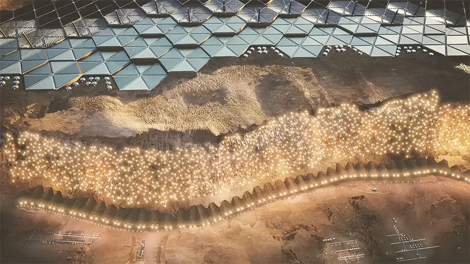Illustration showing the cliff from above, with Nüwa's solar panels on top © ABIBOO Studio