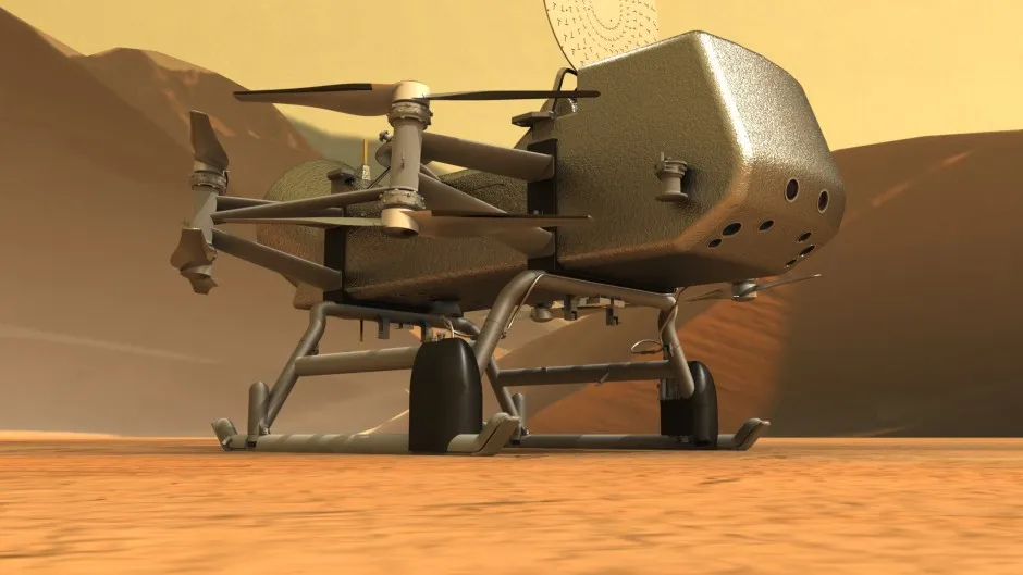 An artist's impression of the Dragonfly rotorcraft on Titan