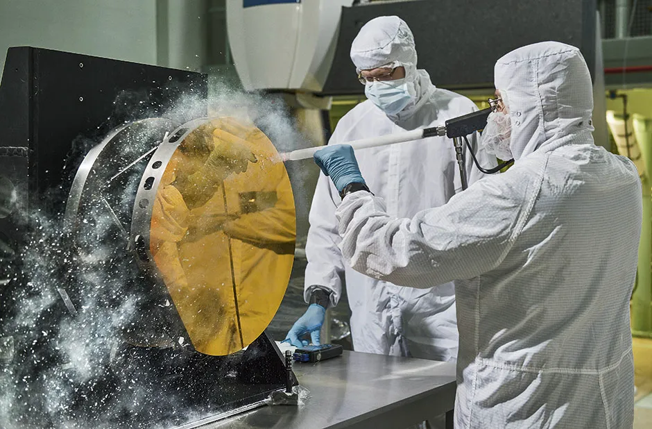 mall dust particles can greatly affect the science the JWST is able to do, so pristine mirrors are critical. Here engineers practise using carbon dioxide snow to clean a test mirror segment and remove contaminate particulates without scratching the surface © NASA/Goddard Space Flight Centre