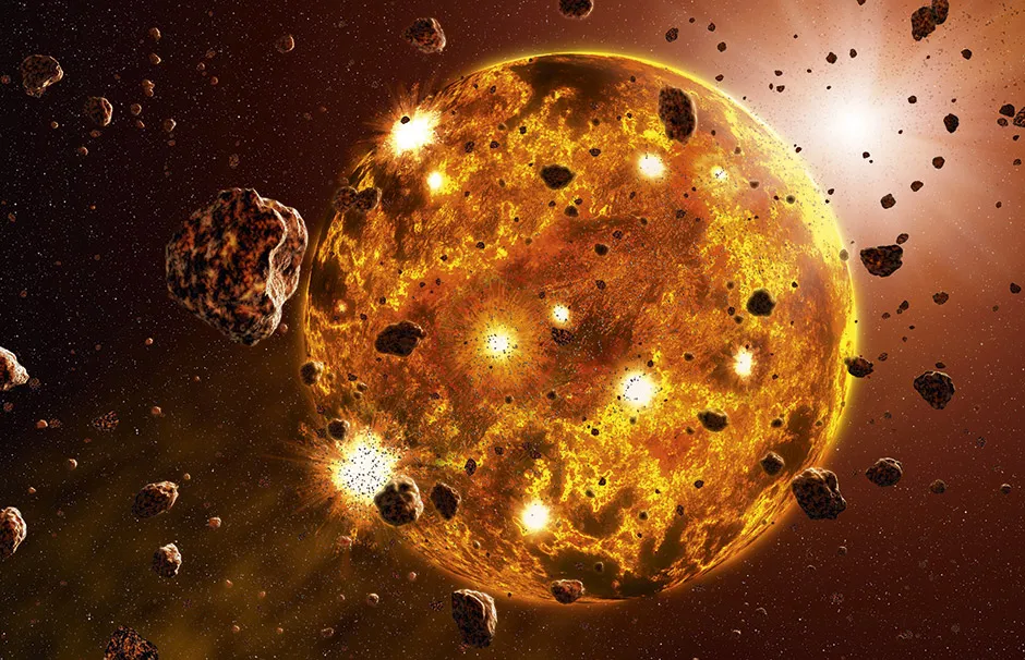 Illustration showing fiery collisions in the early Solar System © Science Photo Library