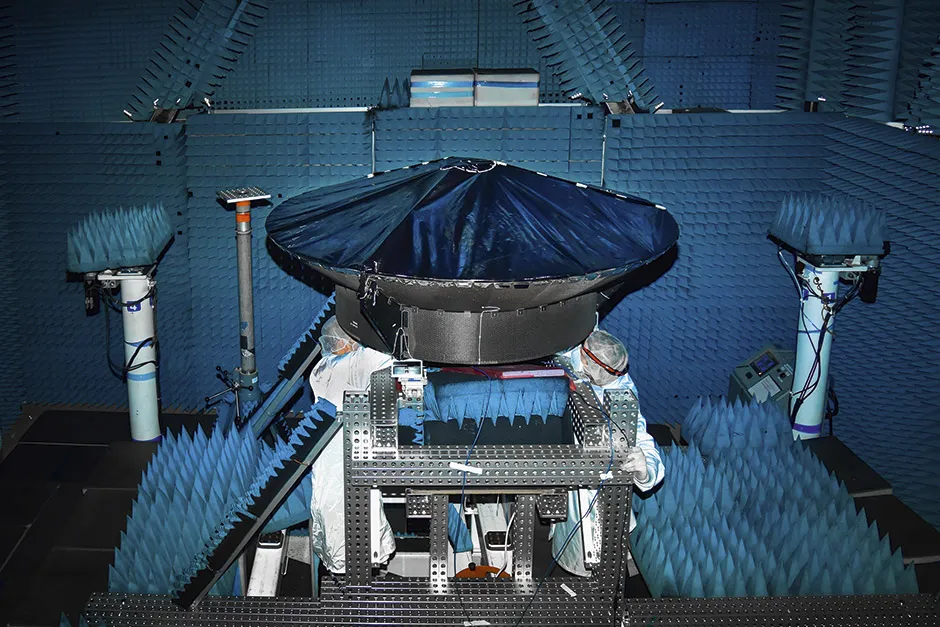 The Psyche spacecraft’s high-gain antenna undergoing testing in late 2020 © Johns Hopkins APL/Craig Weiman