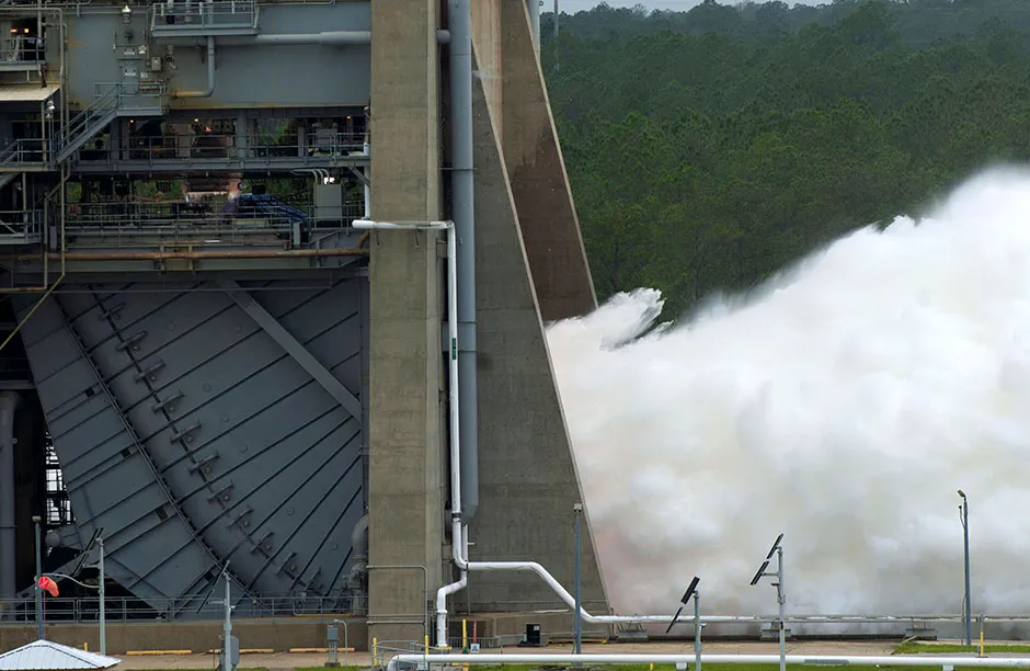 NASA conducted its fourth RS-25 single-engine hot fire of the year May 20, a continuation of its seven-part test series to support development and production of engines for the agency’s Space Launch System (SLS) rocket on future missions to the Moon. The engine was fired for more than 8 minutes (500 seconds) on the A-1 Test Stand at Stennis Space Center near Bay St. Louis, the same amount of time RS-25 engines need to fire for launch of the SLS rocket. The test series is designed to provide valuable data to Aerojet Rocketdyne, prime contractor for the SLS engines, as it begins production of new engines for use after the first four SLS flights. Photo by NASA