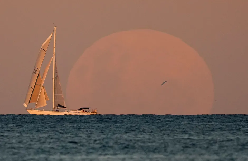 Yacht sails past as the moon rises in Sydney . A total lunar eclipse, also known as a Super Blood Moon will take place later tonight as the moon appears slightly reddish-orange in color Lunar Eclipse , Sydney, Australia - 26 May 2021