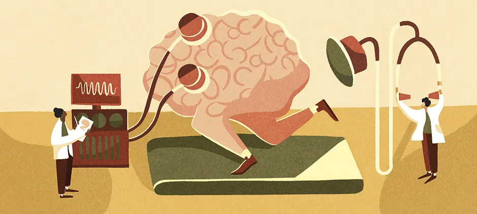 Illustration of a brain running on a treadmill © Sophie Standing