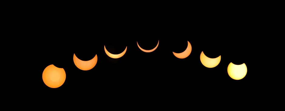 A composite photograph showing stages of the solar eclipse on June 21, 2020 in Jaipur, India. © Getty