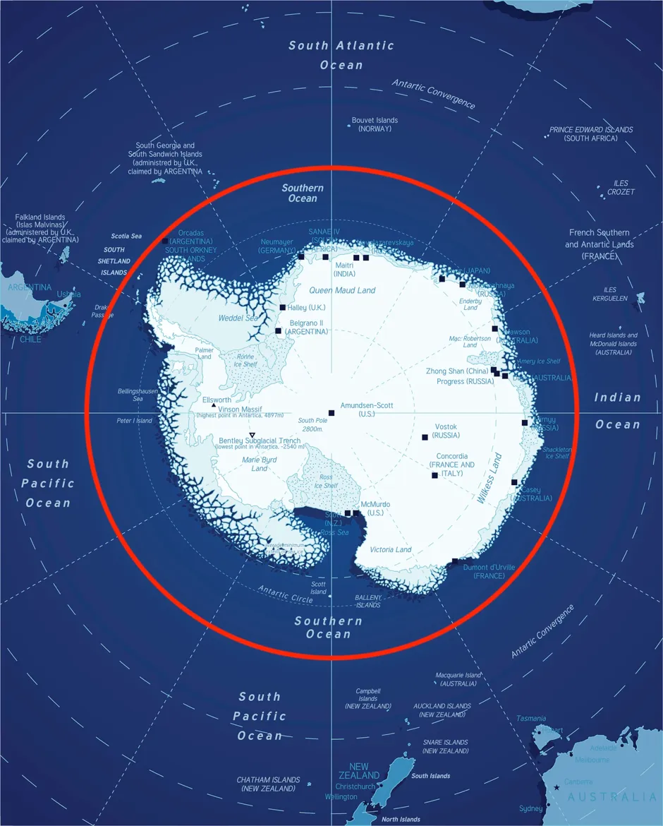 The Southern Ocean surrounds Antarctica, bordering the Pacific, Atlantic, and Indian Oceans © Getty Images