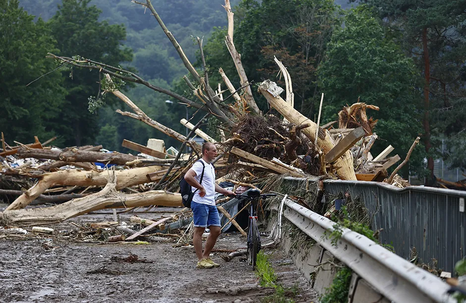RHINELAND PALATINATE, GERMANY - JULY 16: A view of devastated area after a severe rainstorm and flash floods hit western states of Rhineland-Palatinate and North Rhine-Westphalia, on July 16, 2021, in Ahrweiler and Sinzig districts of Rhineland-Palatinate, Germany. The death toll from Germany's worst floods in more than 200 years rose to 103. Search and rescue works continue in the area. (Photo by Abdulhamid Hosbas/Anadolu Agency via Getty Images)