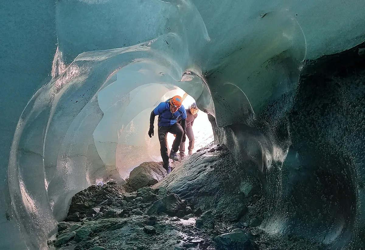 On 19 August 2021, ESA astronaut, Luca Parmitano, and the head of the ESA Climate Office, Susanne Mecklenburg, explored some ice caves at the Gorner Glacier in Switzerland. They are part of an ESA-led expedition to observe the retreat and status of the glacier. The Gorner Glacier is the second biggest ice mass in the Alps. Situated in Switzerland near the Monte Rosa massif close to Zermatt and its mythic Matterhorn, it is one of the most extensively studied glacier in the world. The “Inside the Glacier” project has been monitoring Gorner since 1999 with a specific focus on the study of underground drainage and the application of novel technologies for the estimation of mass loss.
