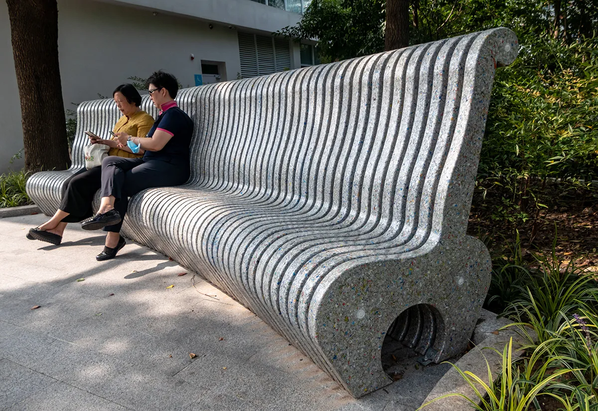 An eco-friendly bench made from 160,000 recycled milk cartons is seen in Shanghai, China, On August 25, 2021. It is reported that the environmental protection seat through special process and trial and error, has a high strength, as well as the resistance to bad weather and other factors. (Photo credit should read Wang Gang / Costfoto/Barcroft Media via Getty Images)