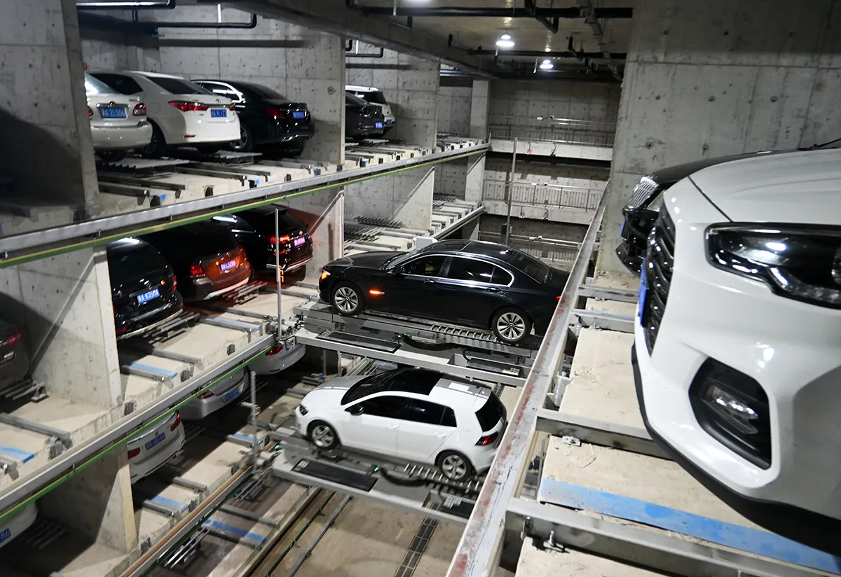 SHIJIAZHUANG, CHINA - AUGUST 06: An interior view of an automated underground parking lot on August 6, 2021 in Shijiazhuang, Hebei Province of China. (Photo by Zhai Yujia/China News Service via Getty Images)