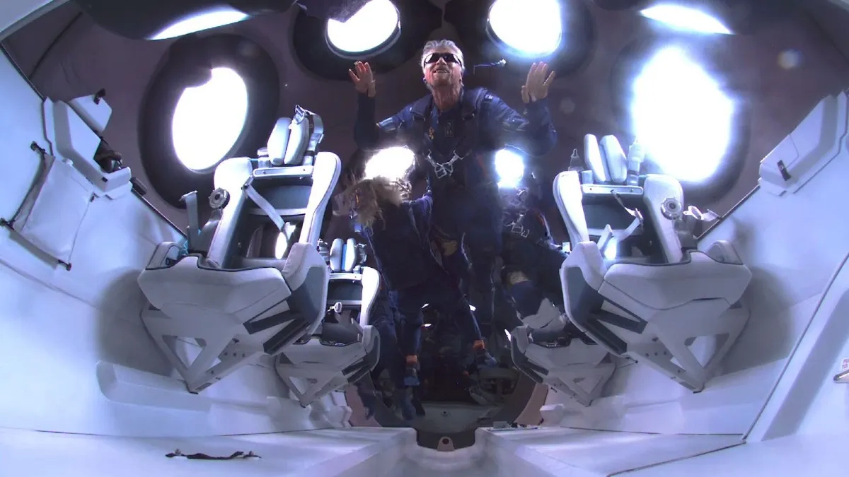Richard Branson floating in zero gravity aboard the VSS Unity