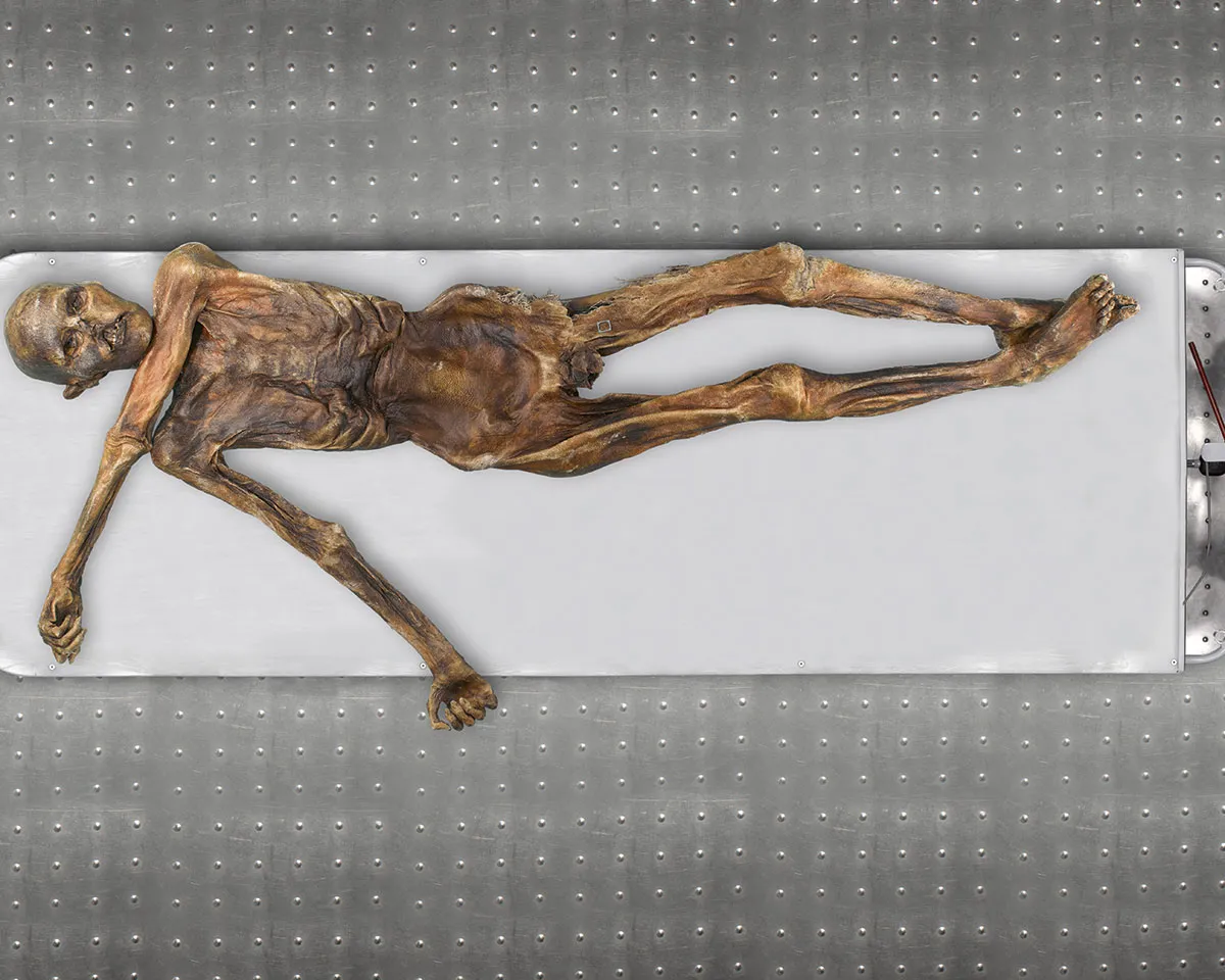 Photo of Ötzi the Iceman's preserved body © Eurac Research