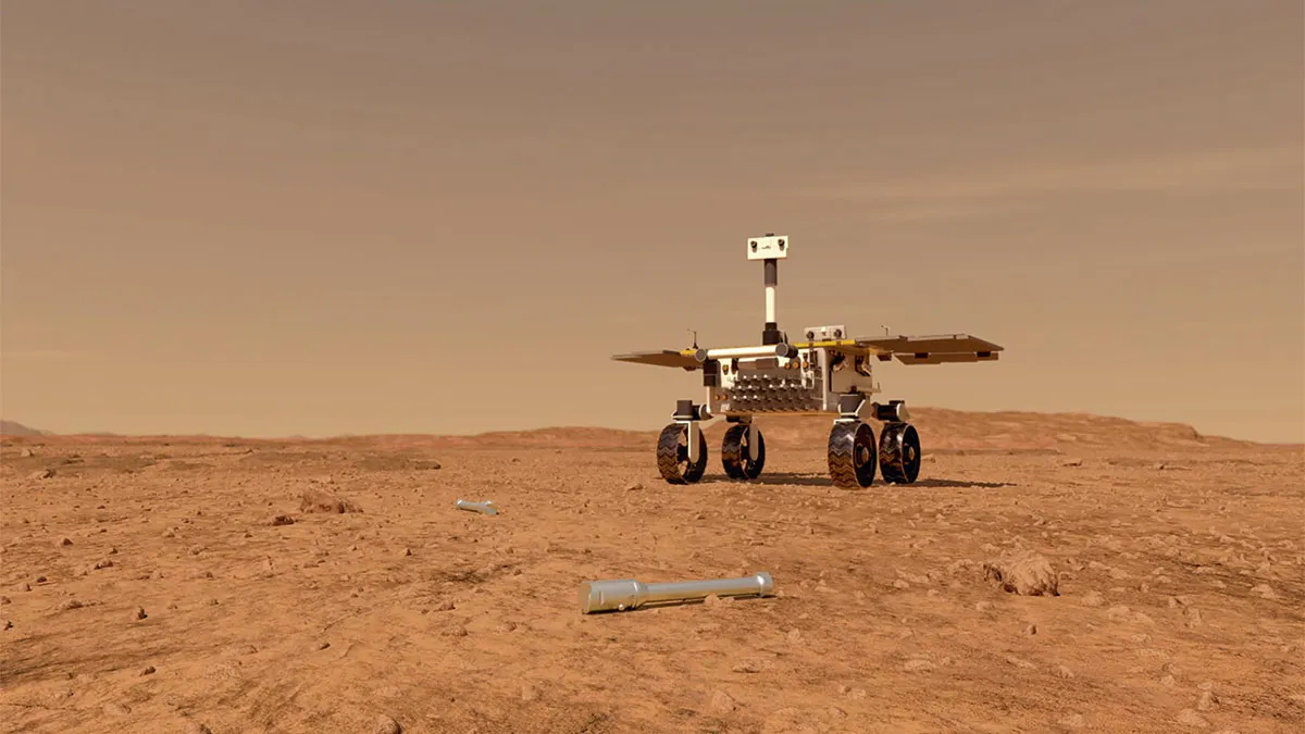 The Sample Fetch rover approaching a discarded sample tube © NASA/JPL