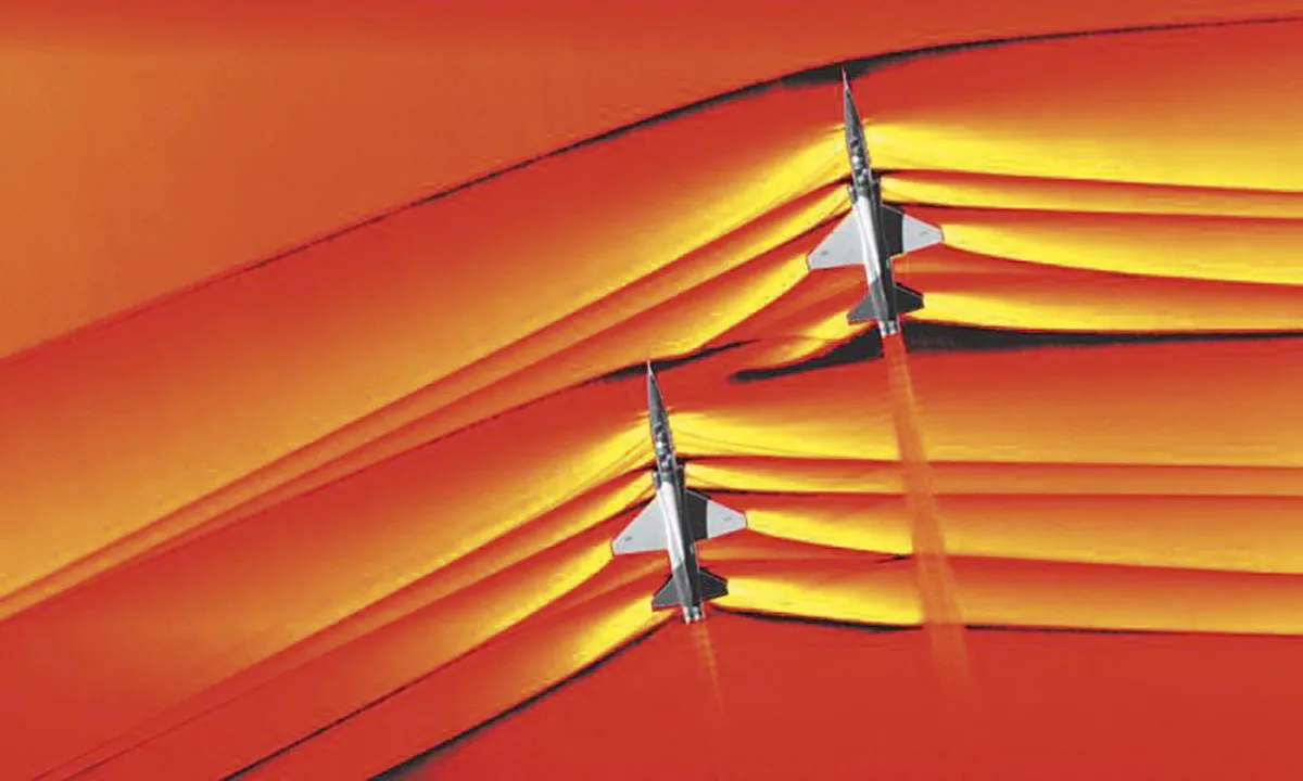 The shock waves produced by two T-38 supersonic fighter jets, for comparison with the X-59. These shockwaves are larger and more intense © NASA/JPL