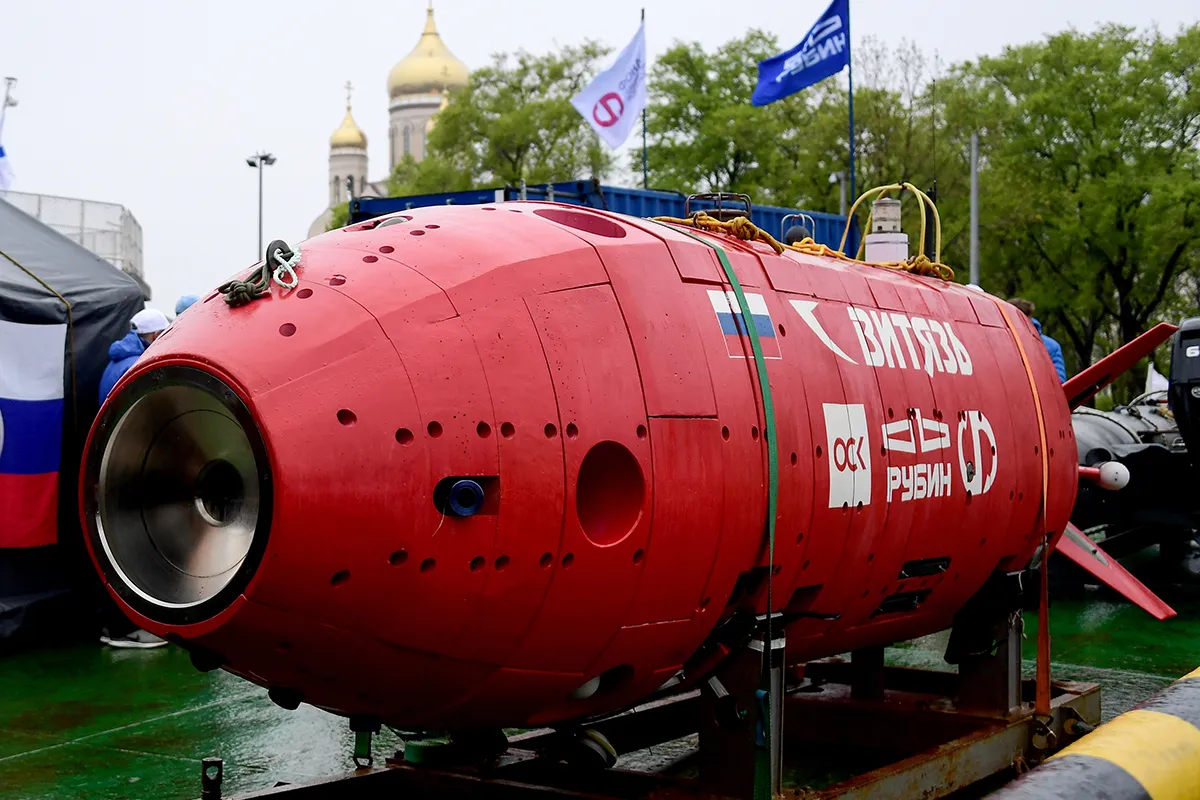 VLADIVOSTOK, RUSSIA - MAY 23, 2020: The autonomous unmanned deep-sea submersible Vityaz-D is seen in the port of Vladivostok on Russia's Pacific coast. Vityaz-D is the world's first unmanned submersible to descend into the Mariana Trench in the Pacific Ocean. The submersible reached the bottom of the Mariana Trench on 8 May 2020, at 22.34 Moscow time. Designed by the St Petersburg-based design bureau TsKB Rubin, Vityaz-D can dive to a depth of up to 12km and overcome obstacles and find its way out of caves and trenches using artificial intelligence. Yuri Smityuk/TASS (Photo by Yuri SmityukTASS via Getty Images)