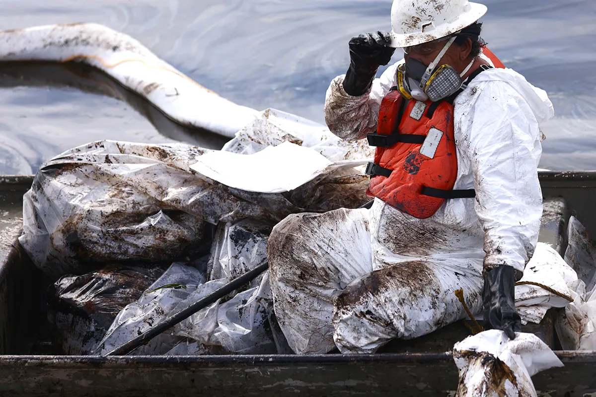 HUNTINGTON BEACH, CALIFORNIA - OCTOBER 04: A worker in a protective suit cleans oil in the Talbert Marsh wetlands after a 126,000-gallon oil spill from an offshore oil platform on October 4, 2021 in Huntington Beach, California. The spill forced the closure of the popular Great Pacific Airshow yesterday with authorities closing beaches in the vicinity. (Photo by Mario Tama/Getty Images)