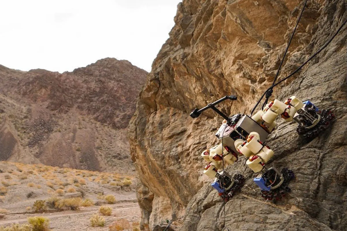 LEMUR 3 belongs to a new generation of robots being built at JPL that can crawl, walk and even climb rock walls. This robot was designed to operate in extreme terrains, demonstrating the applicability of its systems for possible missions to Mars, the Moon. Photo by NASA/JPL