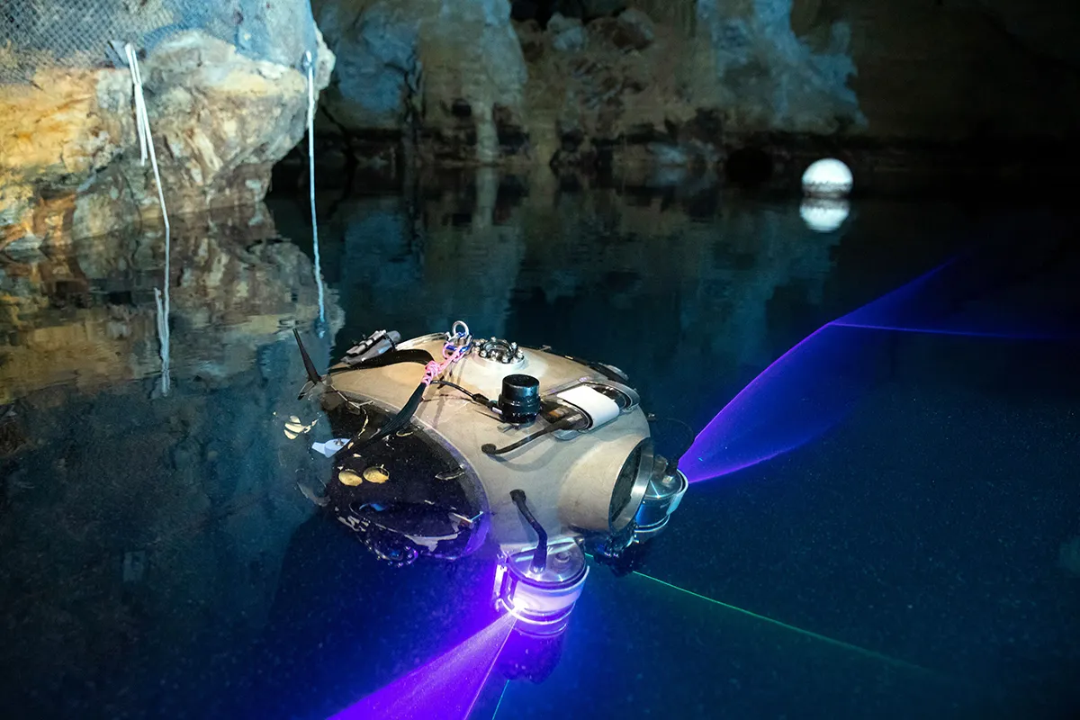 The UX-1A diver robot is pictured during a field test in Molnar Janos Cave in Budapest, Hungary, 03 July 2019. The device was developed for underwater exploration in flooded mines by an international team led by the University of Miskolc in the scope of the EU-funded UNEXIMIN (Underwater Explorer for flooded Mines) Horizont 2020 project. The submerging robot collects geological data from water-filled cavities, and will be deployed in search operations for cave and mine accidents. By: Balazs Mohai/EPA-EFE/ShutterstockThe UX-1A diver robot is pictured during a field test in Molnar Janos Cave in Budapest, Hungary, 03 July 2019. The device was developed for underwater exploration in flooded mines by an international team led by the University of Miskolc in the scope of the EU-funded UNEXIMIN (Underwater Explorer for flooded Mines) Horizont 2020 project. The submerging robot collects geological data from water-filled cavities, and will be deployed in search operations for cave and mine accidents. Cave-searching diving robot tested in Hungary, Budapest - 03 Jul 2019. Photo by Balazs Mohai/EPA-EFE/Shutterstock