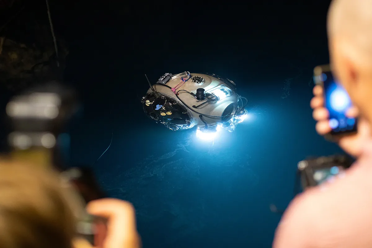 The UX-1A diver robot is pictured during a field test in Molnar Janos Cave in Budapest, Hungary, 3 July 2019. The device was developed for underwater exploration in flooded mines by an international team led by the University of Miskolc as part of the EU-funded UNEXIMIN (Underwater Explorer for flooded Mines) Horizon 2020 project. The submerging robot collects geological data from water-filled cavities, and will be deployed in search operations for cave and mine accidents. Photo by Balazs Mohai/EPA-EFE/ShutterstockTeam members of the EU-funded UNEXIMIN (Underwater Explorer for flooded Mines) Horizont 2020 project conduct a field test on the UX-1A diver robot in Molnar Janos Cave in Budapest, Hungary, 03 July 2019. The device was developed for underwater exploration in flooded mines by an international team led by the University of Miskolc. The submerging robot collects geological data from water-filled cavities, and will be deployed in search operations for cave and mine accidents. Cave-searching diving robot tested in Hungary, Budapest - 03 Jul 2019