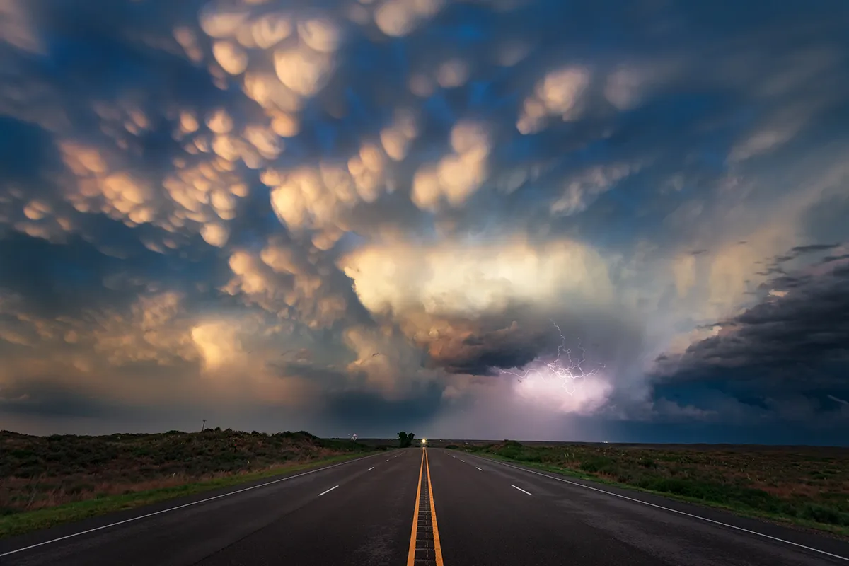 Mammatus clouds on the edge of a severe thunderstorm in the Texas Panhandle, USA, catch the very last rays of evening sunlight. A common misconception is that the presence of mammatus signifies that a tornado is about to form. Although mammatus clouds are usually associated with well-developed cumulonimbus clouds, which can produce tornadoes on occasion, the vast majority of cumulonimbus clouds do not produce tornadoes, which means the presence of mammatus is not a reliable indicator of tornadic activity in itself. The mammatus may, however, be a more reliable indicator of the presence of other hazards associated with thunderstorms such as severe turbulence and lightning. Photo by Dennis Oswald