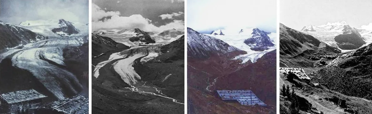 Comparison of photos showing the strong retreat witnessed by Forni Glacier. The photos were taken in 1890 (by V. Sella), in 1941 (by A. Desio) and in 1997 and 2007 (by C. Smiraglia), respectively