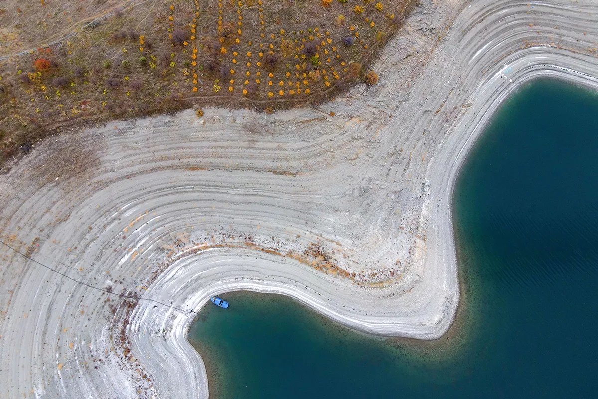 Exposed shoreline Keban Dam Lake showing draught effects in Turkey