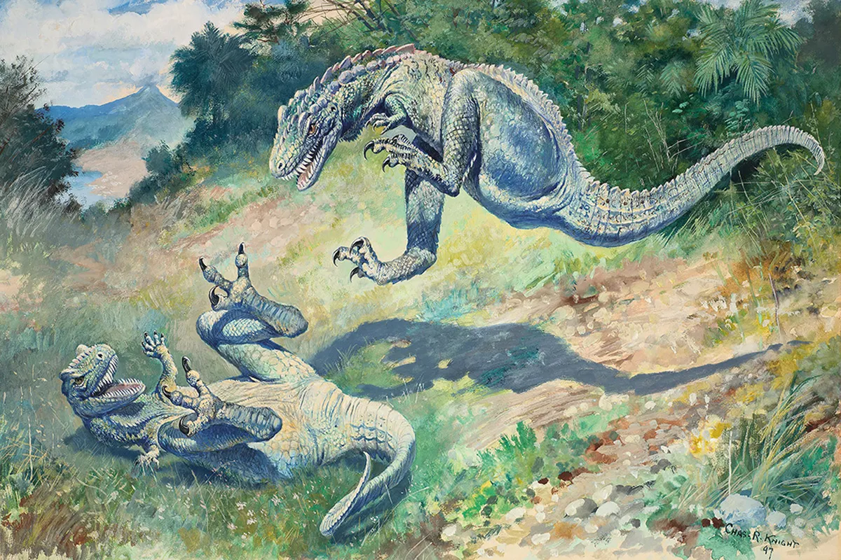 Dryptosaurus fighting by Charles Knight extinct species.
