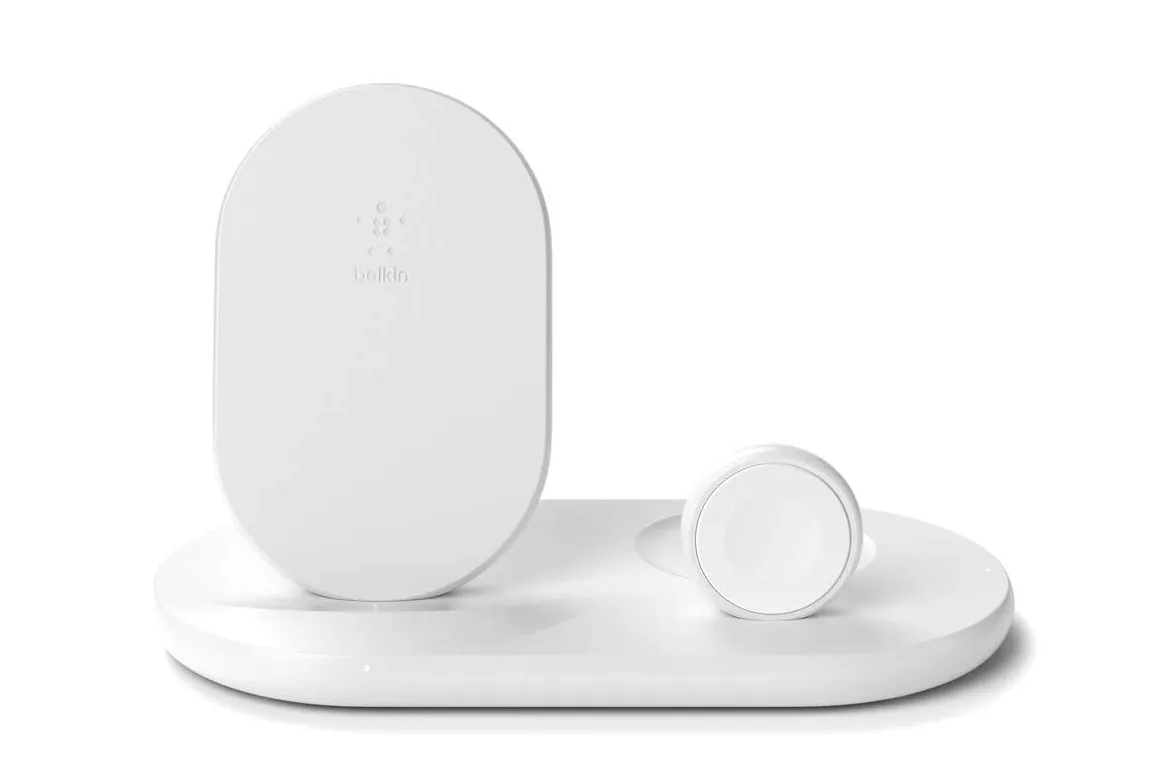 White wireless charger for phone, watch and earphones