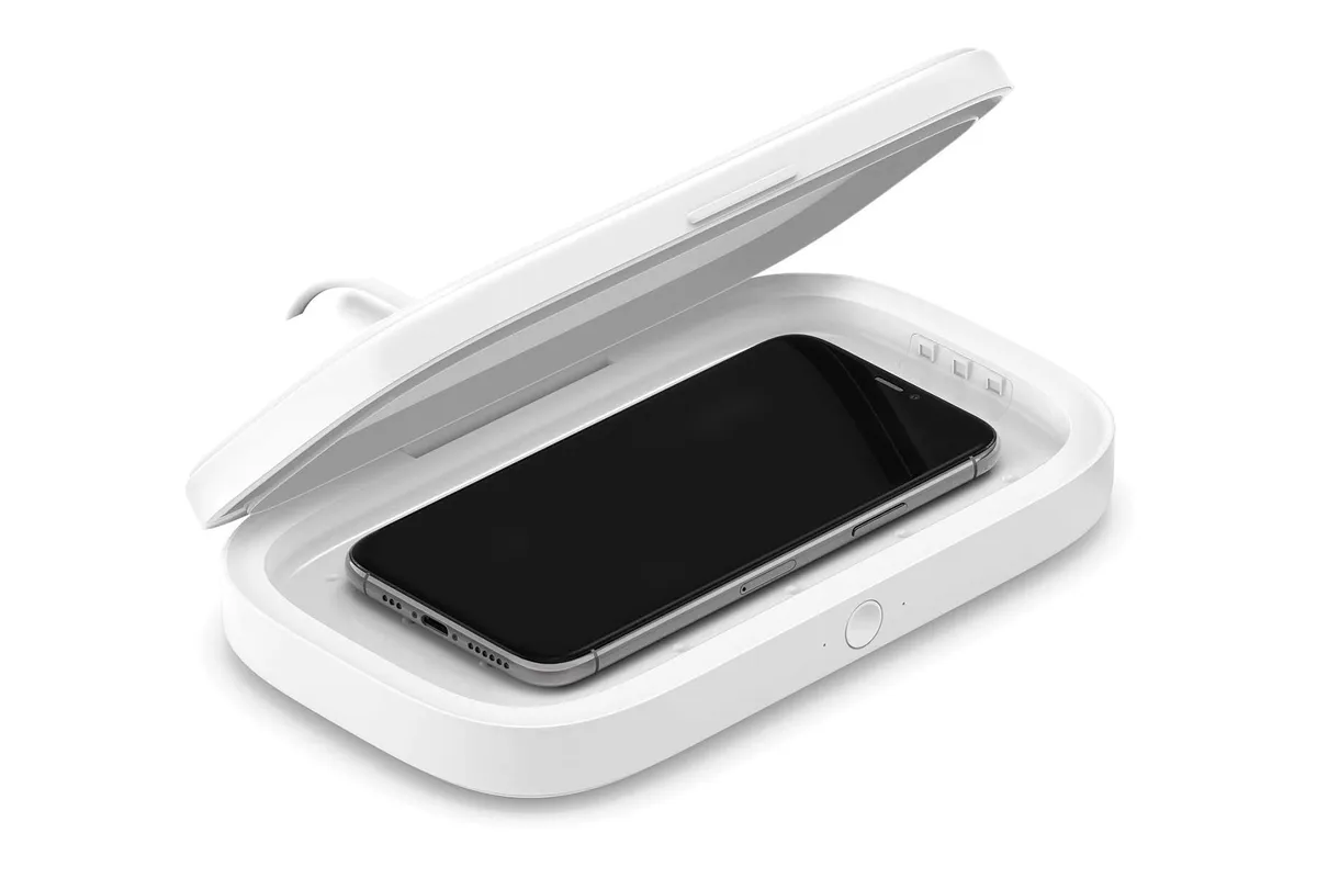 White Belkin wireless charger with UV sanitizer
