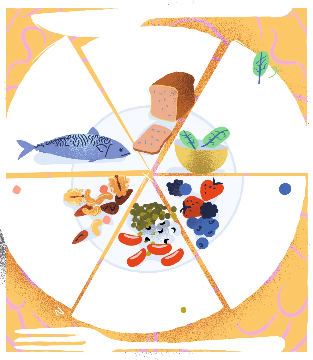 Illustration showing the six types of brain food © Anson Chan