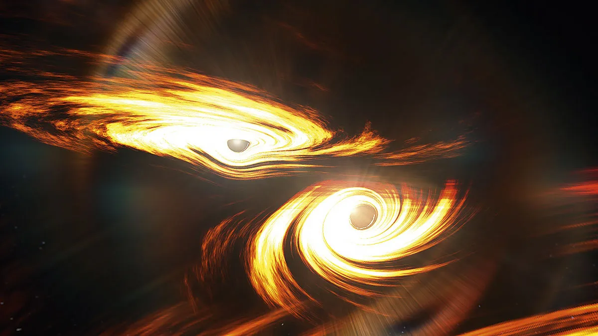 Artist’s impression of the two colliding black holes that were detected in 2019 © Mark Myers/ARC/OZGRAV