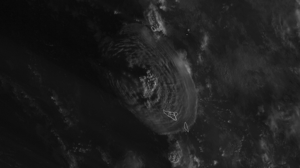 The eruption was captured by a National Oceanic and Atmospheric Administration satellite. The frames of the gif show the plume of ash and smoke.