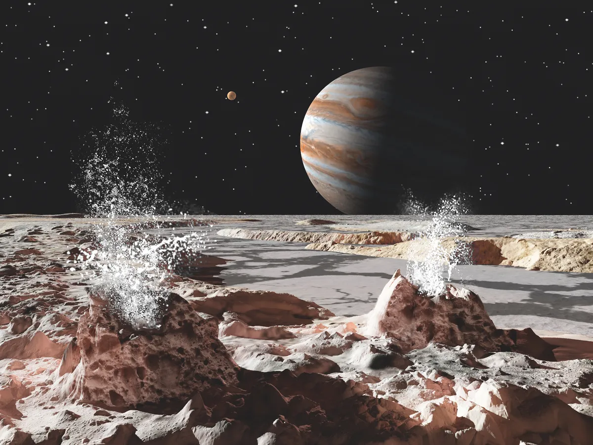 Ice volcanoes on Europa, illustration. Europa may have small ice volcanoes where warm water from deep beneath the icy crust makes its way to the surface, erupting like hot springs or geysers.