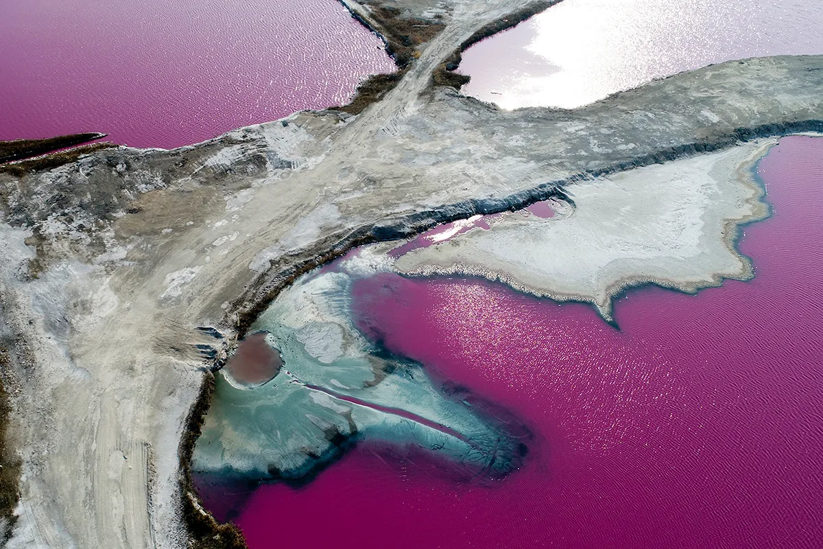 Aerial view of rosy salt lake on January 2, 2022 in Yuncheng, Shanxi Province of China. (Photo by Liu Bao Cheng/VCG via Getty Images)