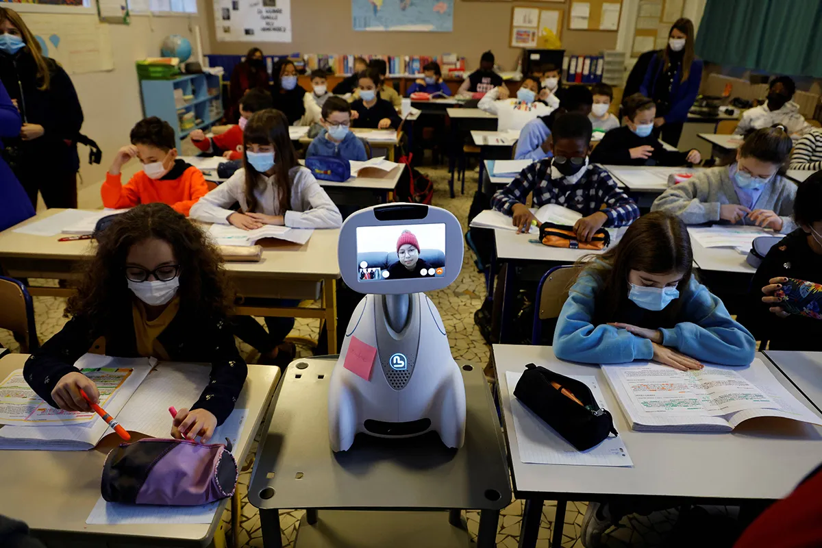 tele-education robot at French school sat like a pupil