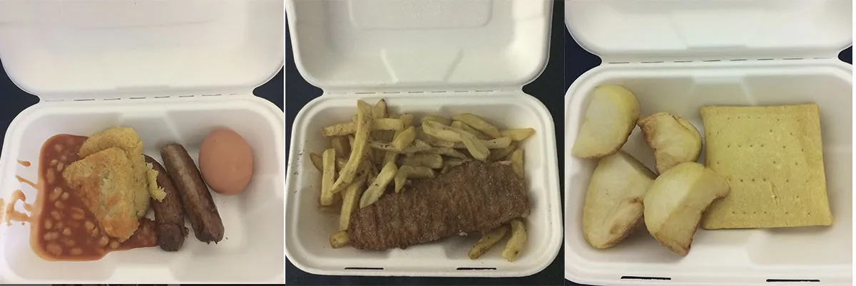 Images obtained from a serving male prisoner in the UK, showing the meals on offer at dinner. Meals include fried fish and chips, potatoes and a pasty, and two sausages, an egg, two hash browns and beans