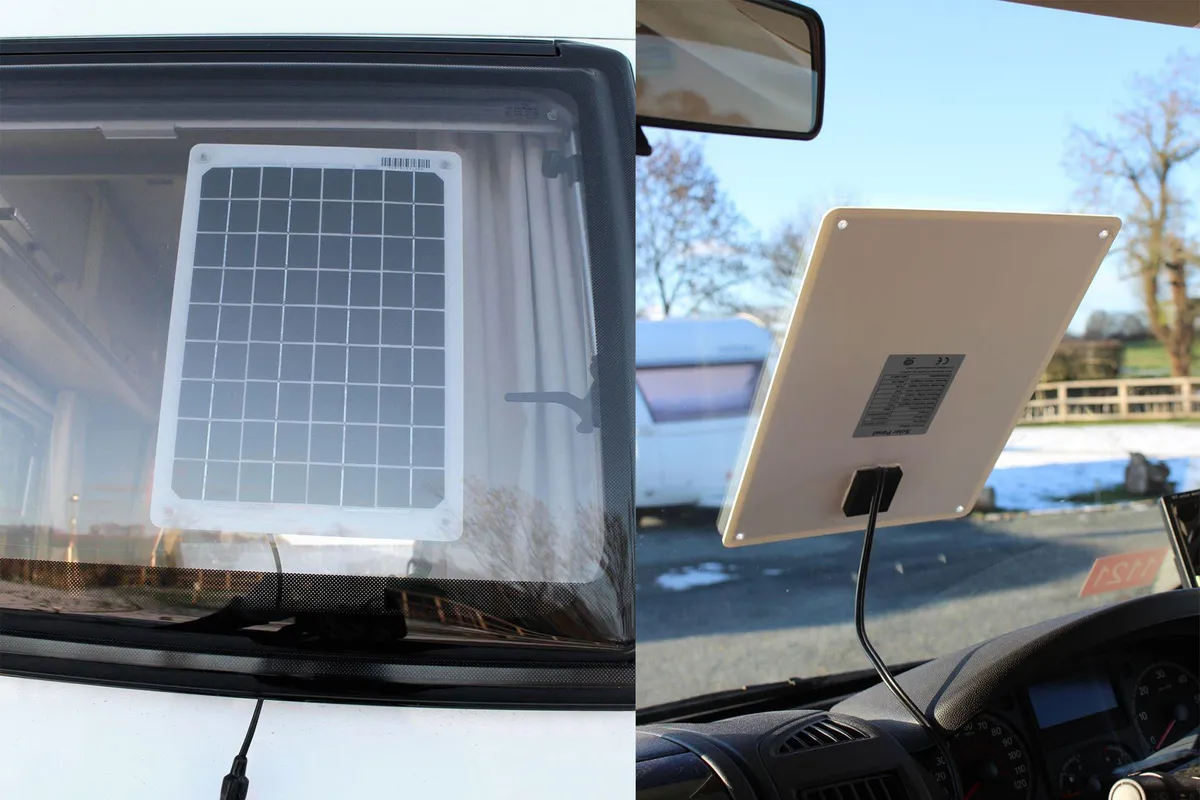 Solar panel in a caravan, from the front and back