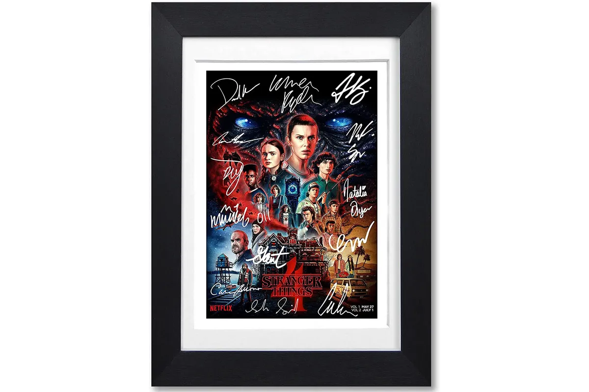 Stranger Things Season 4 signed A4 poster on a white background