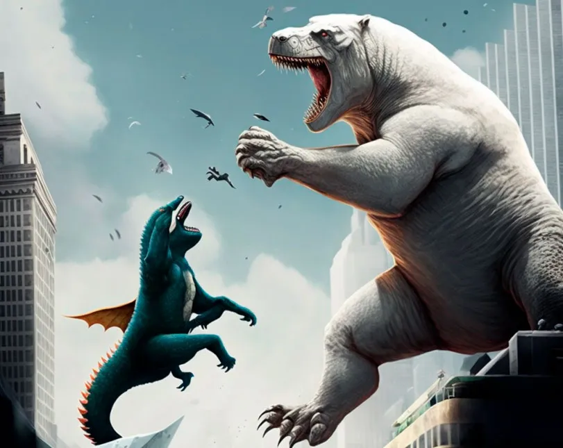 Polar bear fighting dragon