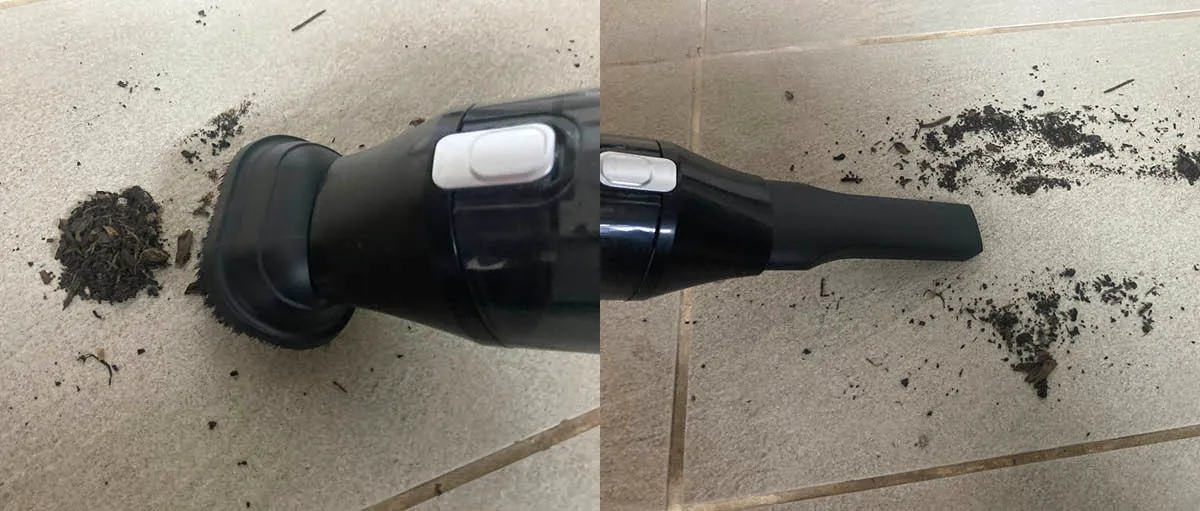 Two side-by-side images of different fittings on the Tower handheld vacuum cleaner trying to suck up the same pile of dirt. The brush fitting leaves it in a pile while the crevice fitting cleans it up.