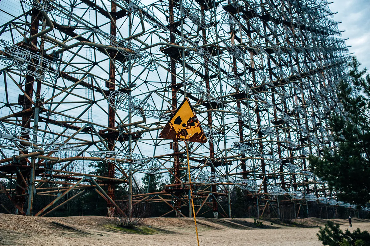 Metal structure with radioactive sign